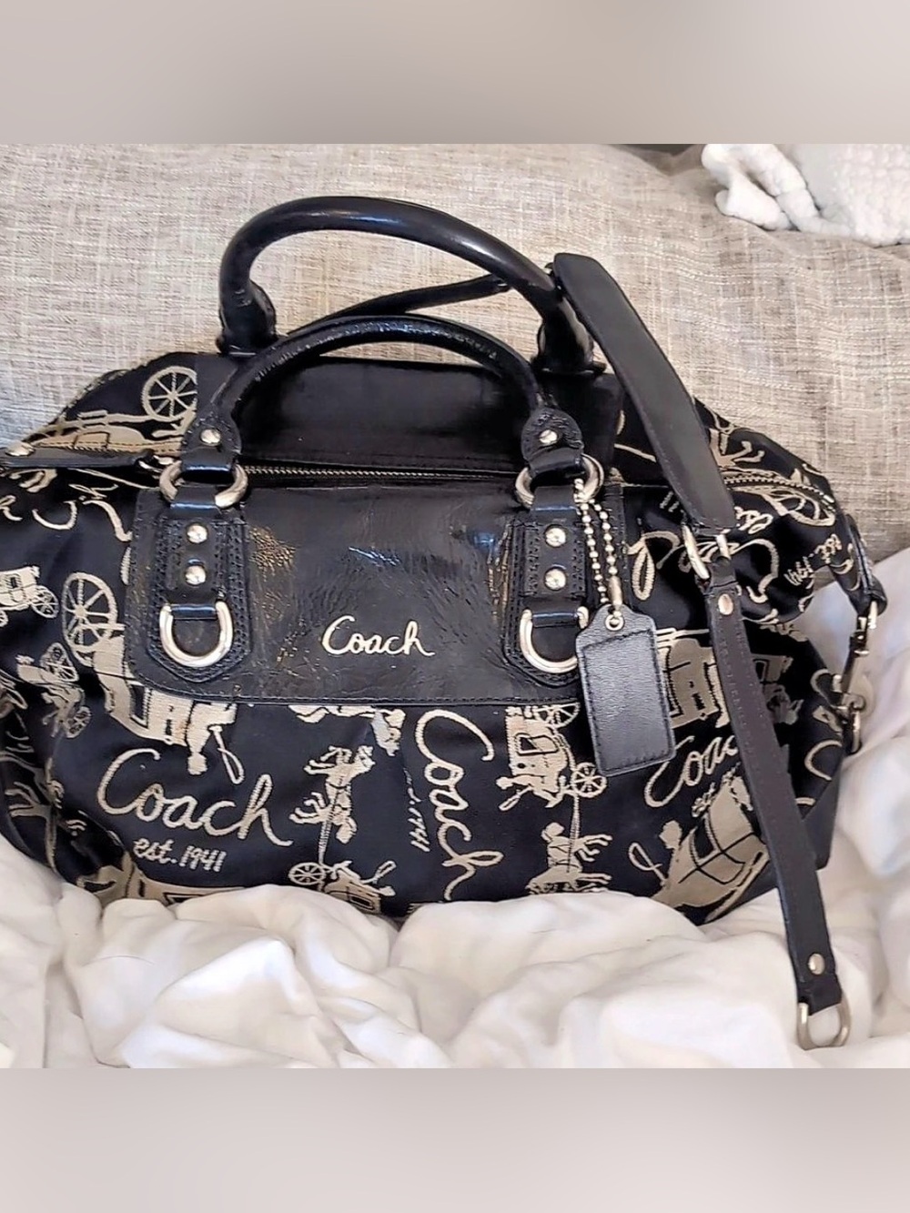 Coach Ashley Horse and Carriage Satchel Black & Silver